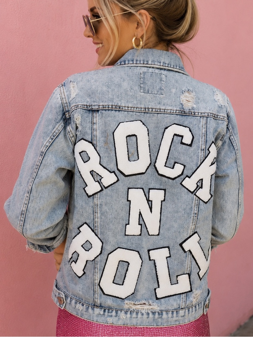 . Judith March Rock N Roll Navy Distressed Patch Varsity Denim Jacket